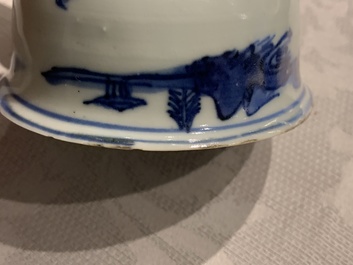 Three Chinese blue and white vases, a brush washer and a stem cup, Ming and later