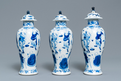 A Chinese blue and white five-piece garniture, Kangxi mark, 19th C.