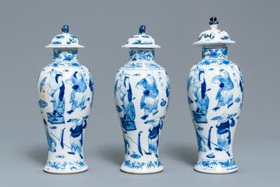 A Chinese blue and white five-piece garniture, Kangxi mark, 19th C.