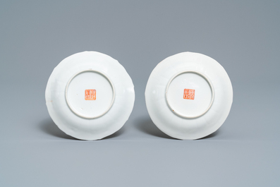 Five Chinese famille rose cups and saucers, Tongzhi mark and of the period