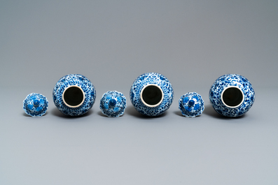 A Chinese blue and white five-piece garniture with floral design, Kangxi