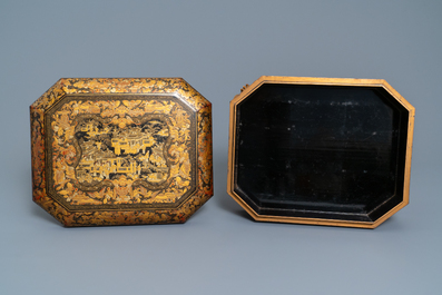 Une bo&icirc;te &agrave; jeux et ses accessoires en laque de Chine partiellement dor&eacute;e et nacre, Canton, 19&egrave;me