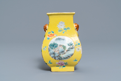 A Chinese yellow-ground famille rose vase, 19/20th C.