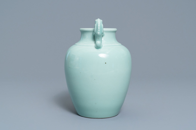 A Chinese monochrome dragon-handled celadon vase, Qianlong mark, 19/20th C.