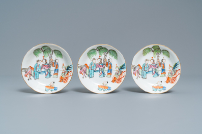 Five Chinese famille rose cups and saucers, Tongzhi mark and of the period