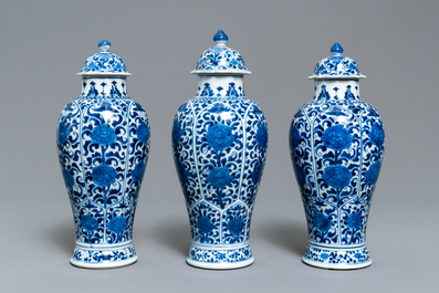 A Chinese blue and white five-piece garniture with floral design, Kangxi