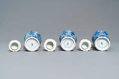 A Chinese blue and white five-piece garniture with floral design, Kangxi