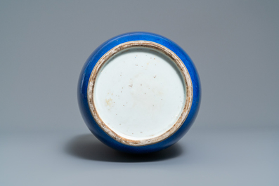 A Chinese monochrome powder blue rouleau vase, Kangxi