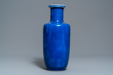 A Chinese monochrome powder blue rouleau vase, Kangxi