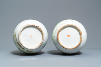 A pair of Chinese qianjiang cai vases with quails near bamboo, 19/20th C.