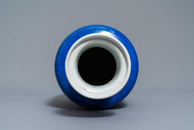 A Chinese monochrome powder blue rouleau vase, Kangxi