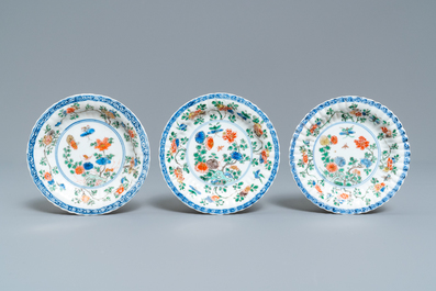 Six lobed Chinese famille verte caf&eacute;-au-lait-ground cups and saucers, Kangxi