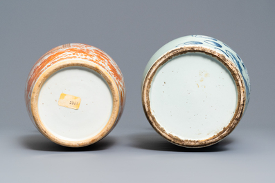 Two Chinese celadon-ground vases and an iron red and gilt vase, 19th C.