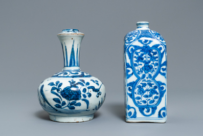 A Chinese blue and white square flask and a kendi, Ming