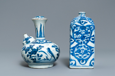 A Chinese blue and white square flask and a kendi, Ming