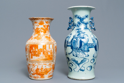 Two Chinese celadon-ground vases and an iron red and gilt vase, 19th C.