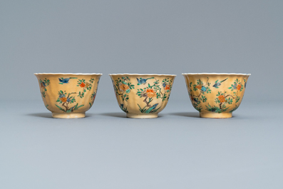 Six lobed Chinese famille verte caf&eacute;-au-lait-ground cups and saucers, Kangxi