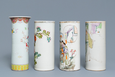 Three Chinese qianjiang cai hat stands and a famille rose vase, 19/20th C.