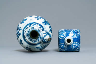 A Chinese blue and white square flask and a kendi, Ming