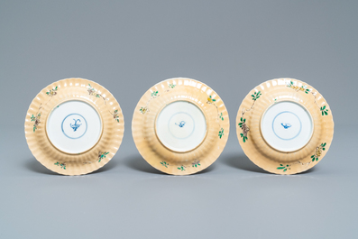Six lobed Chinese famille verte caf&eacute;-au-lait-ground cups and saucers, Kangxi