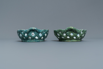 Two reticulated polychrome Brussels faience baskets, 18th C.