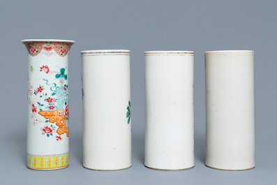 Three Chinese qianjiang cai hat stands and a famille rose vase, 19/20th C.