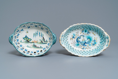 Two reticulated polychrome Brussels faience baskets, 18th C.