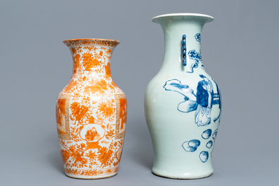Two Chinese celadon-ground vases and an iron red and gilt vase, 19th C.
