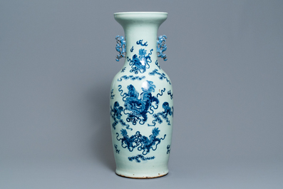 Two Chinese celadon-ground vases and an iron red and gilt vase, 19th C.