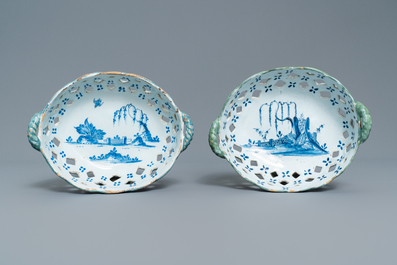Two reticulated polychrome Brussels faience baskets, 18th C.