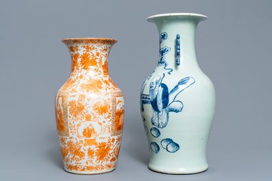 Two Chinese celadon-ground vases and an iron red and gilt vase, 19th C.