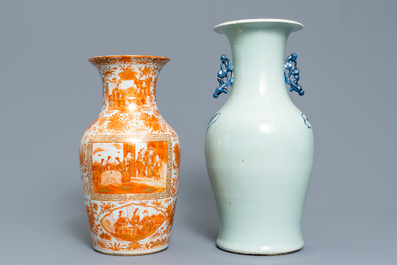 Two Chinese celadon-ground vases and an iron red and gilt vase, 19th C.