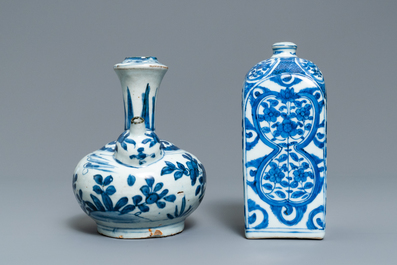 A Chinese blue and white square flask and a kendi, Ming