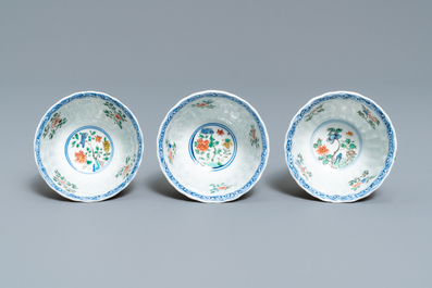 Six lobed Chinese famille verte caf&eacute;-au-lait-ground cups and saucers, Kangxi