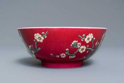 A fine Chinese famille rose ruby ground bowl, Yongzheng