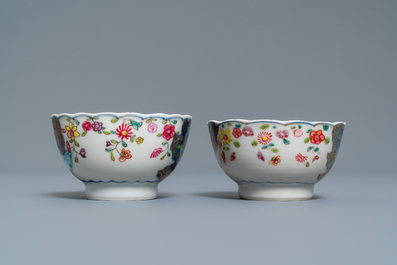 A pair of Chinese famille rose 'Tobacco leaf' cups and saucers, Qianlong