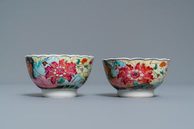 A pair of Chinese famille rose 'Tobacco leaf' cups and saucers, Qianlong