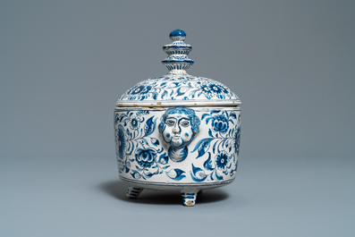 A blue and white covered bowl with applied mascaron handles, Harlingen, 18th C.