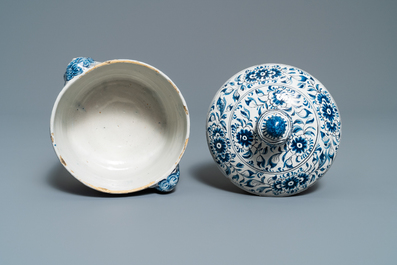 A blue and white covered bowl with applied mascaron handles, Harlingen, 18th C.