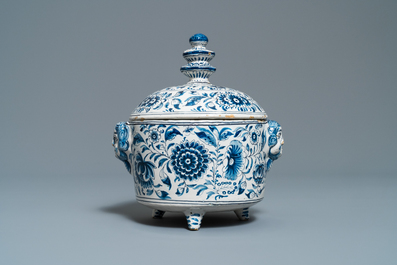 A blue and white covered bowl with applied mascaron handles, Harlingen, 18th C.