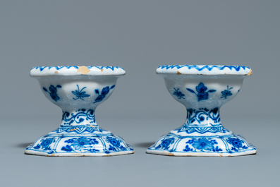 A pair of Dutch Delft blue and white salts, 18th C.