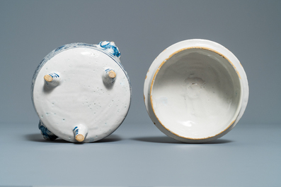 A blue and white covered bowl with applied mascaron handles, Harlingen, 18th C.