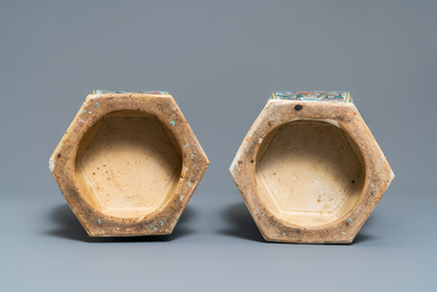 A pair of Chinese hexagonal famille verte vases, 19th C.