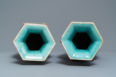 A pair of Chinese hexagonal famille verte vases, 19th C.