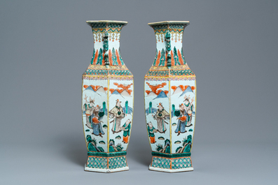 A pair of Chinese hexagonal famille verte vases, 19th C.