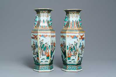 A pair of Chinese hexagonal famille verte vases, 19th C.