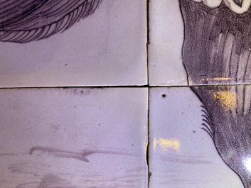 A pair of fine Dutch Delft manganese tile murals with a hen and a rooster, 18th C.