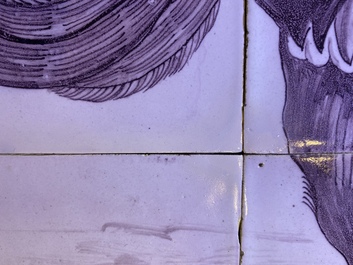 A pair of fine Dutch Delft manganese tile murals with a hen and a rooster, 18th C.