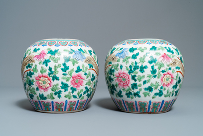 A pair of Chinese famille rose ginger jars with phoenixes, 19th C.