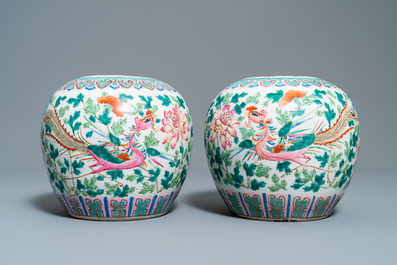 A pair of Chinese famille rose ginger jars with phoenixes, 19th C.